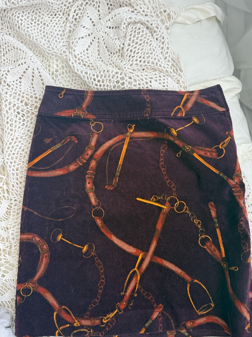 Talbots Purple Y2K Mini Skirt with Gold & Brown Equestrian Print - Picture 3 of 6